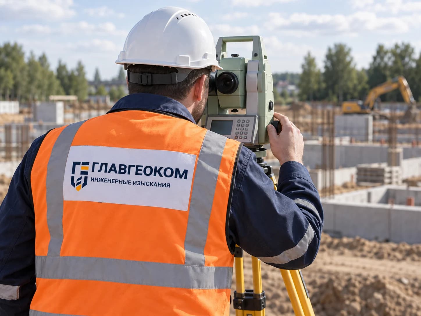 Иллюстрация: геодезист с тахеометром в фирменном жилете Главгеоком
